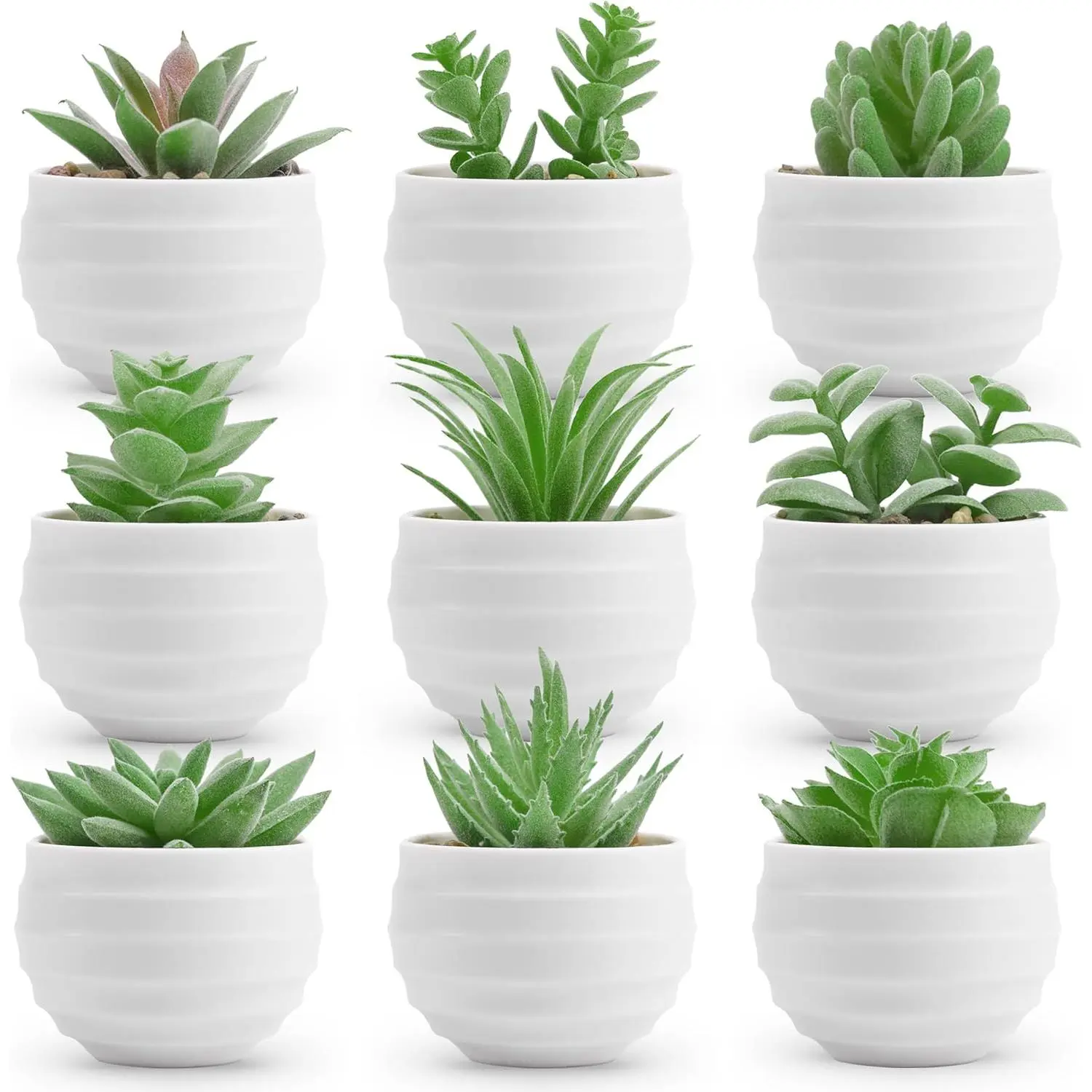 9-Pack Small Realistic Soft Plastic Round Artificial Fake Succulent Plants in Small Pots - Decorative Indoor Desk Room Aesthetic Botanical Home Supplies