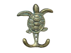 Cast Iron Sea Turtle Coat Hat Key Purse Bag with 2 Hooks, 4.5 Inch, Sea Foam Green and Gold - Shelves, Hanger Decor