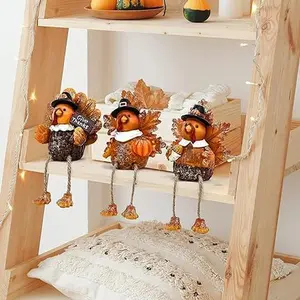 Thanksgiving Turkey Tabletop Centerpieces 3 Pcs Resin Pilgrim Turkey Figurines Thanksgiving Decorative Shelf Sitters with Dangling Legs Decoration