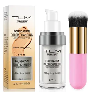 TLM Thermochromic Liquid Foundation 30ml + Pink Makeup Brush, Color Changing Foundation, Light Formula, Adapts to Skin Tone, Long-lasting Concealer, BB Cream Primer Concealer