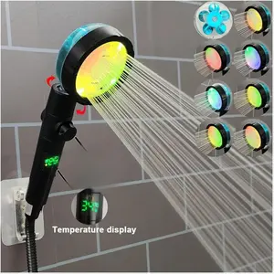 LED Digital Temperature Display Shower Head Temperature Control Colorful Fan Spray Nozzle High Pressure Rainfall Bathroom Shower