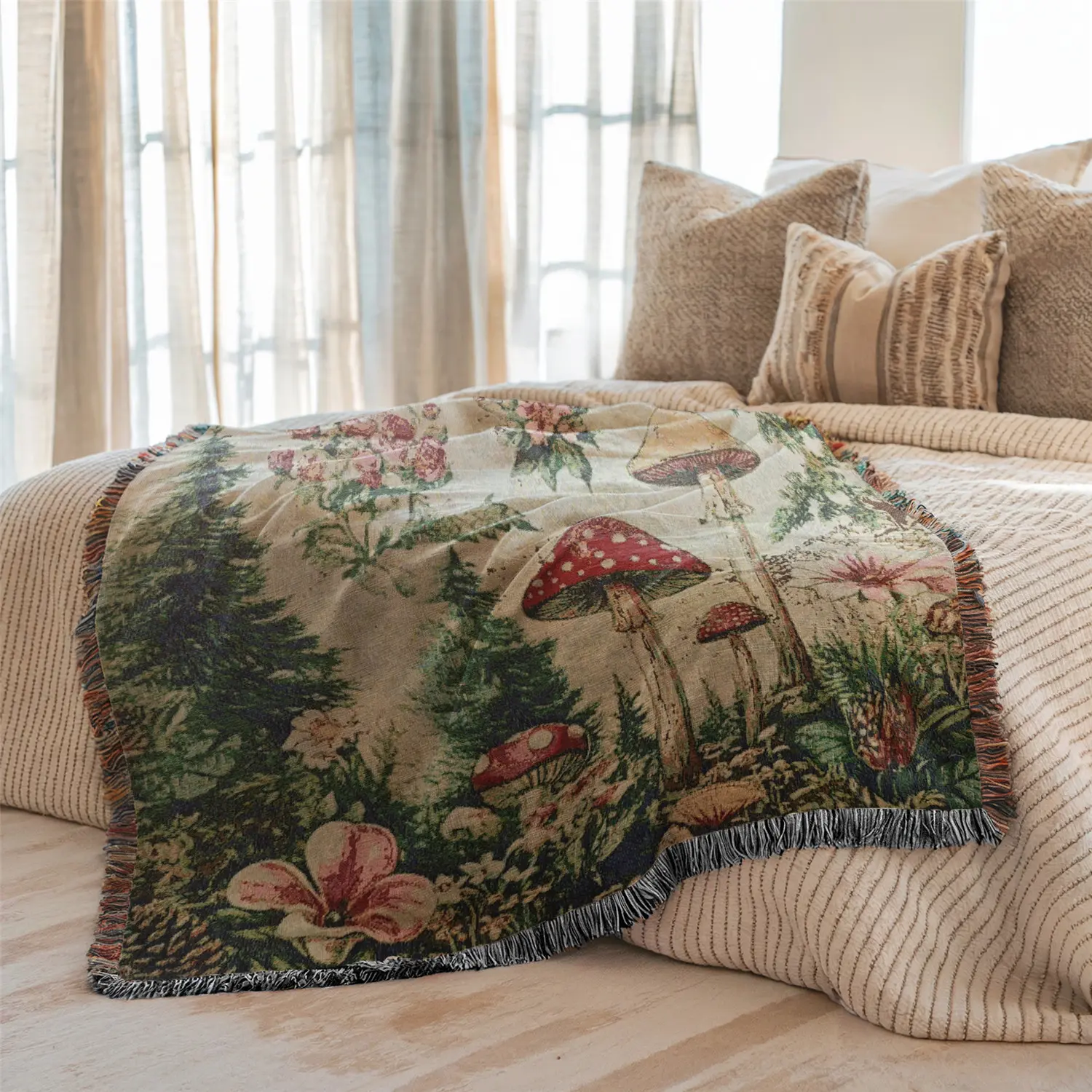 Multi-Function Tassel Woven Blanket - Butterfly Mushroom Pattern Bed Blanket, Also for Sofa Cover Couch Throw Blanket Armchair Home Decor Room Wall Art Tapestry Furniture Slipcover Tablecloth Shawl Outdoor Picnic Camping Beach Towel Office Nap