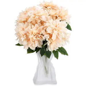 7-Head Silk Dahlia Artificial Flower Bouquet Set, 13cm Plastic Faux Flowers with Stems and Green Leaves, Natural-Look Home & Wedding Decor (Champagne) with Decorative Iron Fruit Ornaments, Halloween Decor