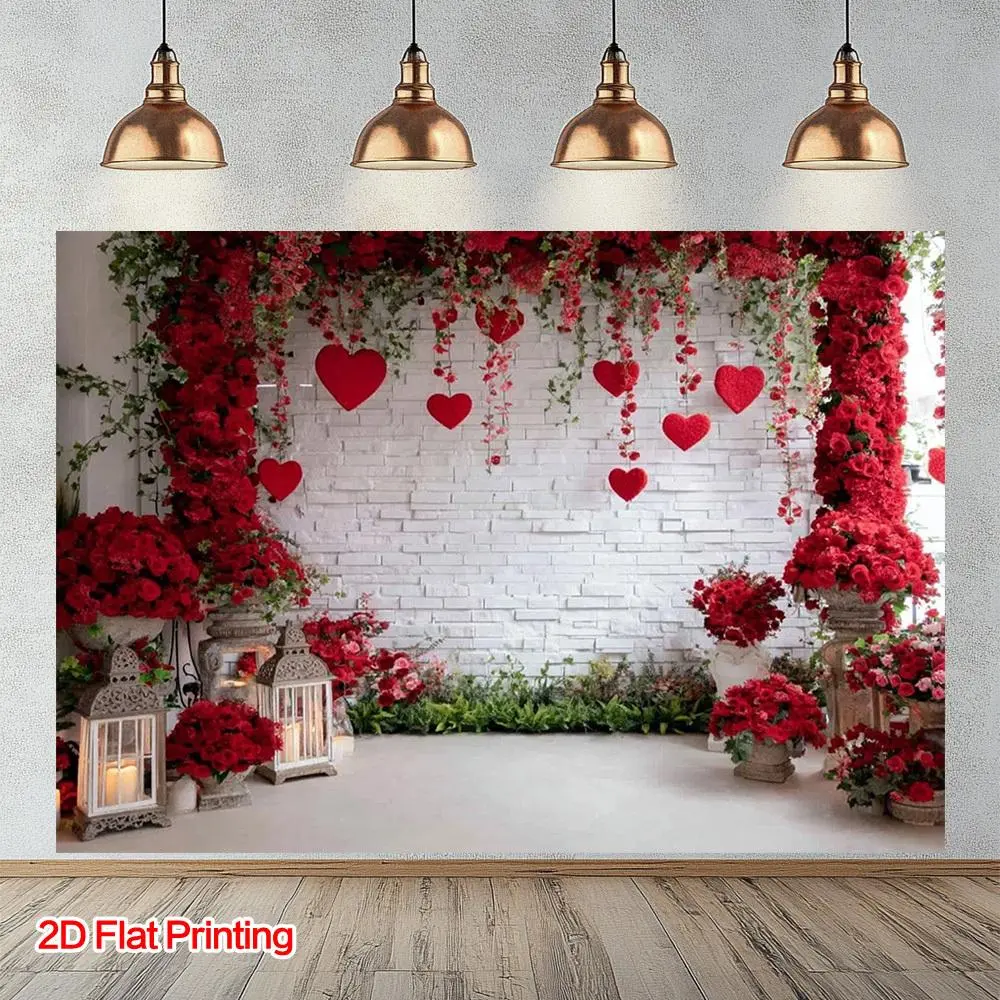 1PC Polyester 2D HD Printed Romantic Red Rose & Heart Flat Backdrop - Decorative Banner for Valentine's Day Weddings, Studio Photography, Indoor Festive Decor