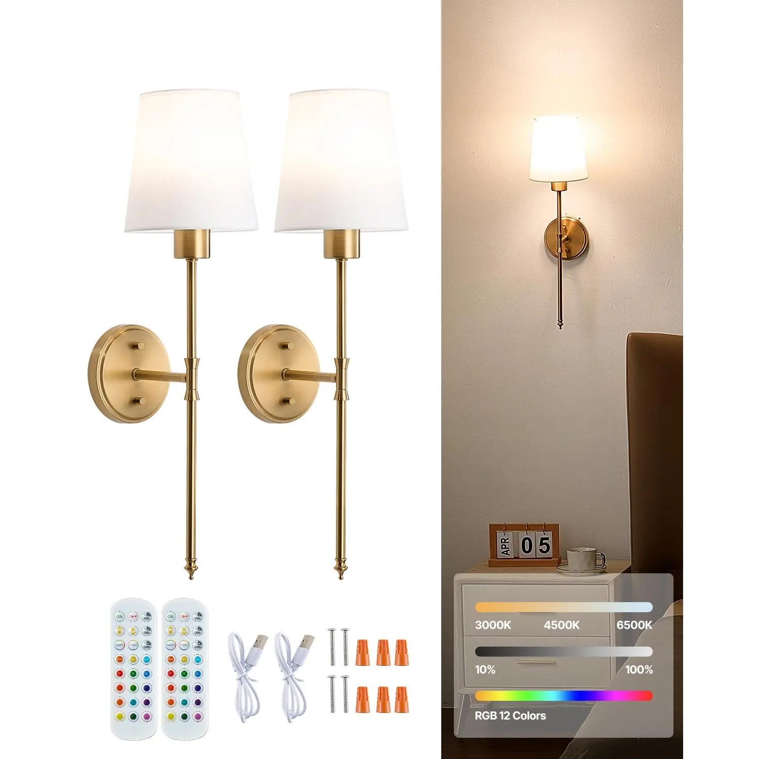 【Summerfinds】VEVOR Battery Operated Wall Sconce Set of 2,  , 4000mAh Rechargeable Wireless Wall Lights with Remote Control, 30 Lighting Modes, 12 RGB Colors & Timer, Dimmable Wall Lamp for Living Room Bedroom Hallway