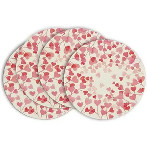 Pink Love Hearts Round Valentine Placemats Set of 4, 14 Inch Anniversary Wedding Round Table Mats for Dining Decoration