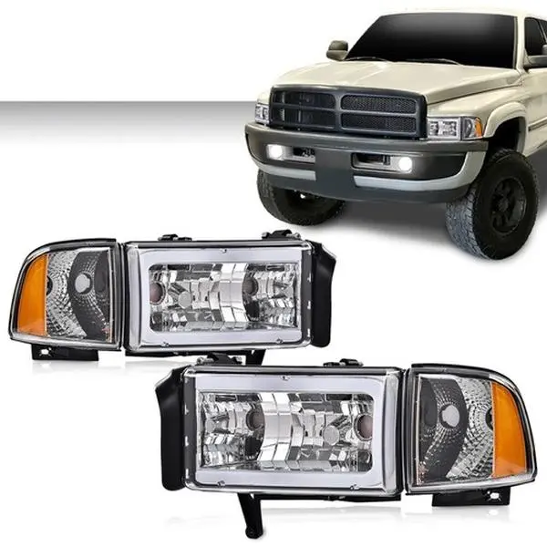 G-PLUS Headlights for 1994-2002 Ram 1500/2500/3500 Amber Corner LED DRL Headlights Chrome 1Pair