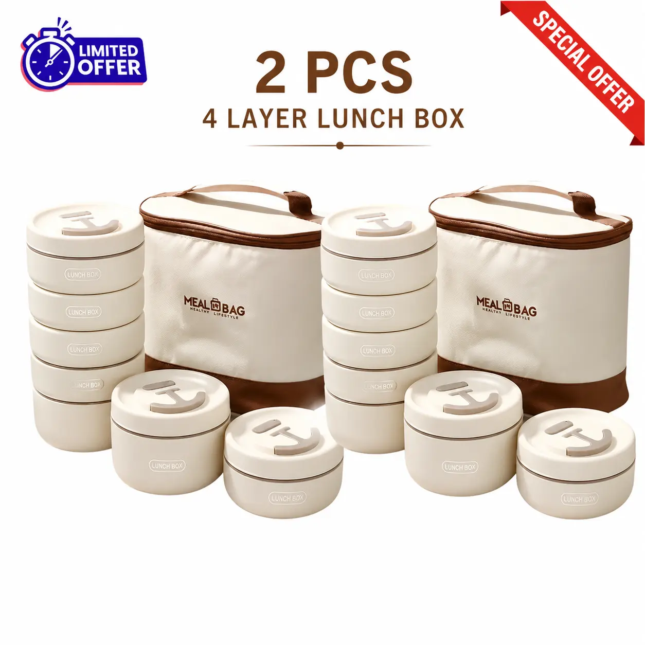 2 Pack Stackable 304 Stainless Steel Bento Lunch Box with Insulated Bag, Leakproof Multi-Layer Round Food Container, Portable Meal Prep Box for Office, School & Travel