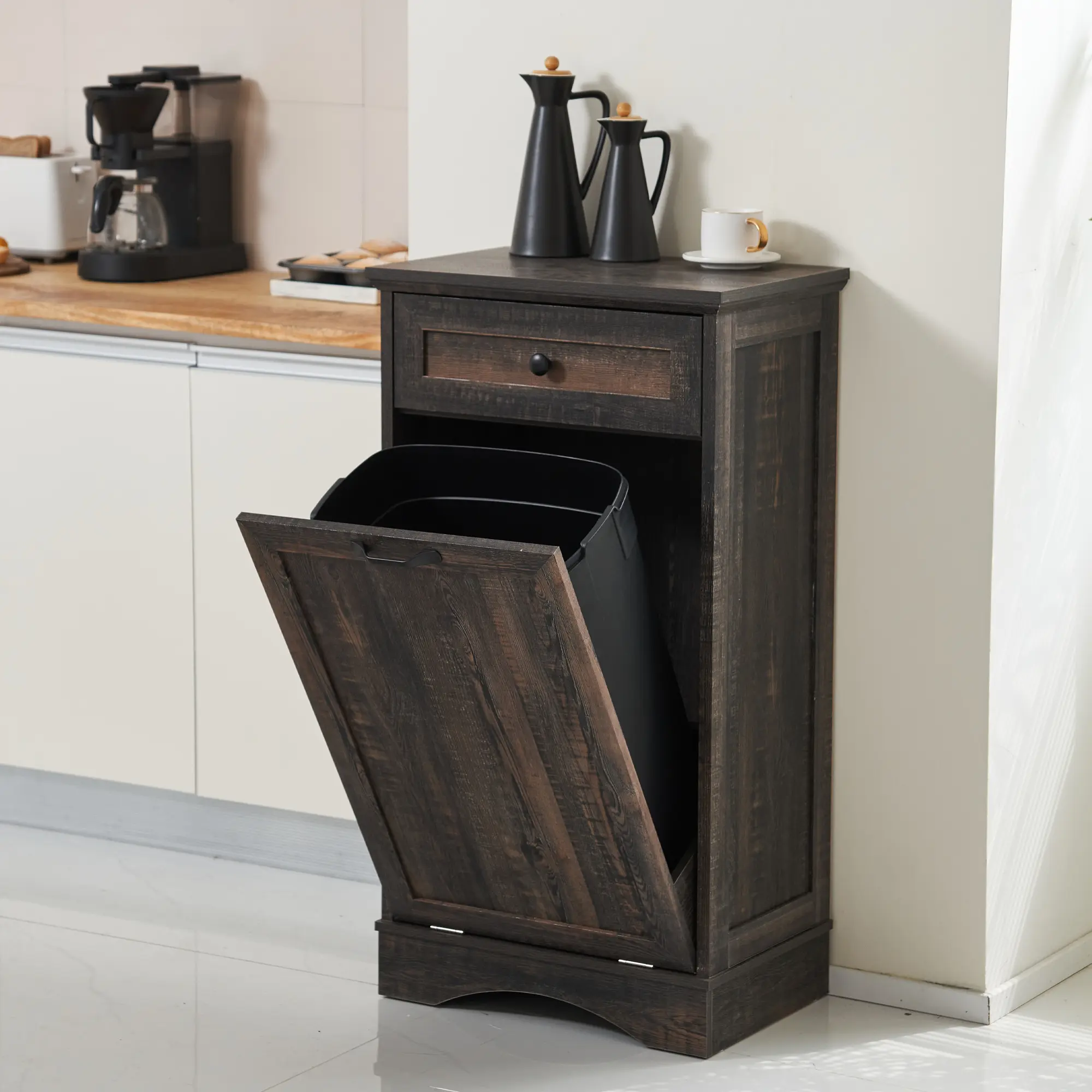 【Does Not Include Trash Can】AHB 13 Gallon Tilt Out Trash Cabinet Kitchen Waste Bins, Laundry Hamper Tilt Out Pet Proof Hidden Trash Bin for Kitchen Living Room, Rustic Black, Trashcan, Garbage Can Organizer, Home Trash Can homeessentials