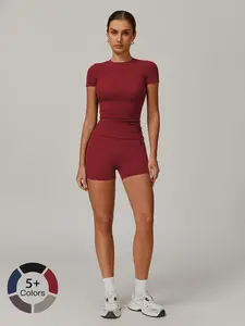 Women's Solid Ribbed Crop Tee & High Waist Shorts Set, Quick Drying for Yoga Gym Workout Running, Ladies Sportswear for All Seasons, Workout Sets Women, Women Workout Clothes, Fitness Clothing, Casual Activewear, Fitness Summer Bottoms