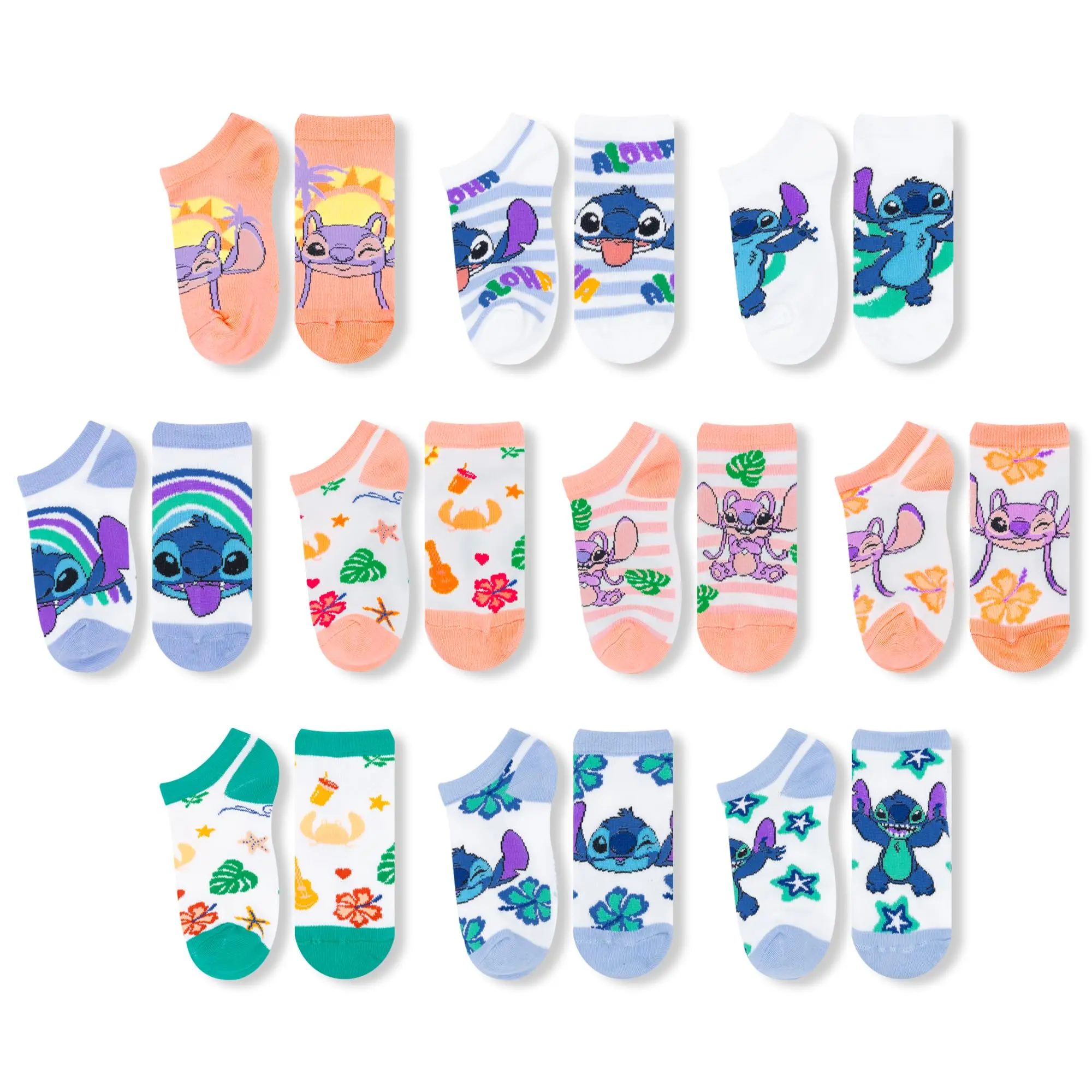 Disney Girls' Kid Size Calf Socks Set - 10-Pack Soft Breathable Fabric with Arch Support, Princess & Lilo & Stitch Cartoon Animal Character Prints, for School, Birthdays (Ages 7-14), Berkshire Fashions, All Seasons, Stitch Assorted, Soft Breathable Socks,