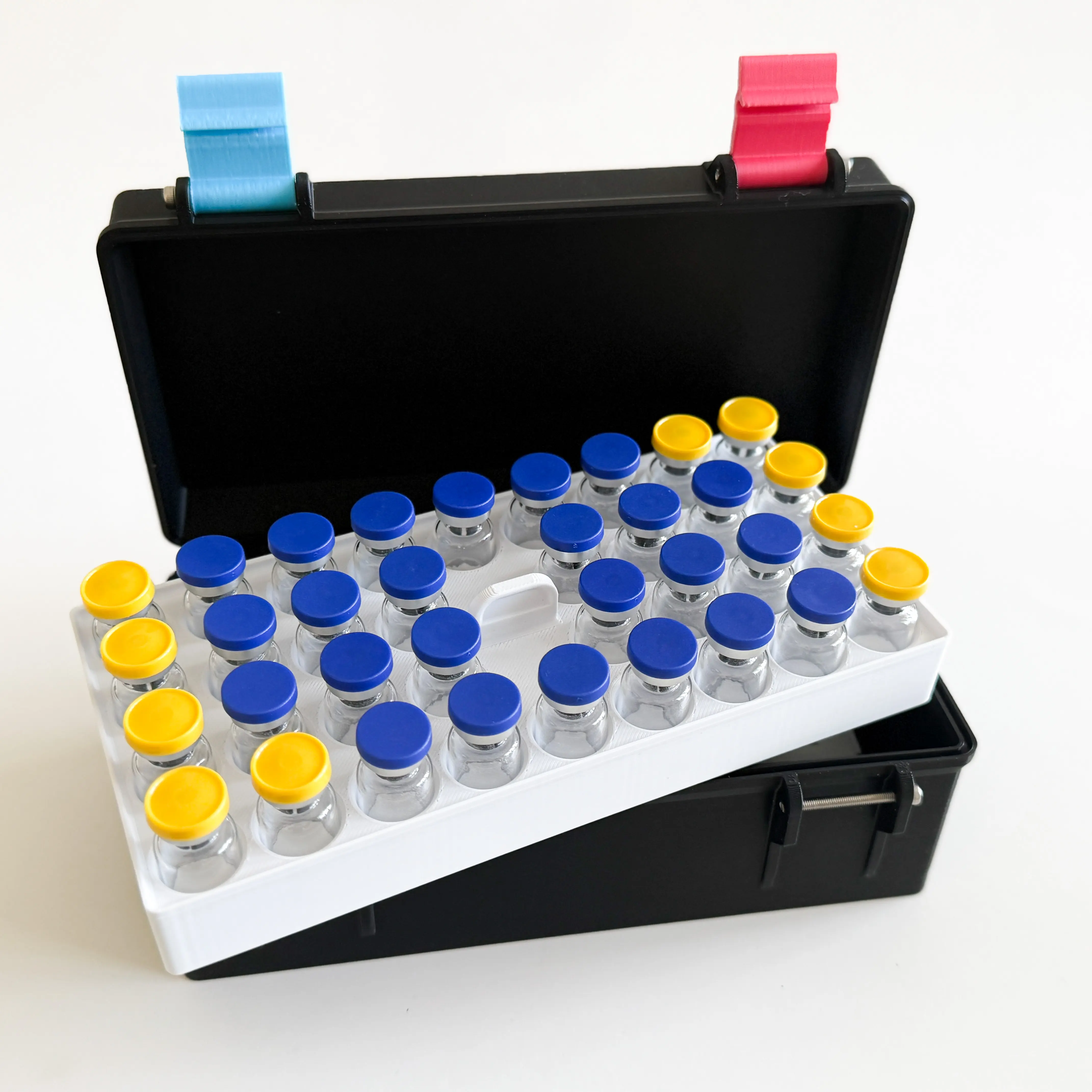 The Double Decker two tier Peptide storage box - Single 32ct. 3mL vial insert, space for 20 or more syringes and prep pads