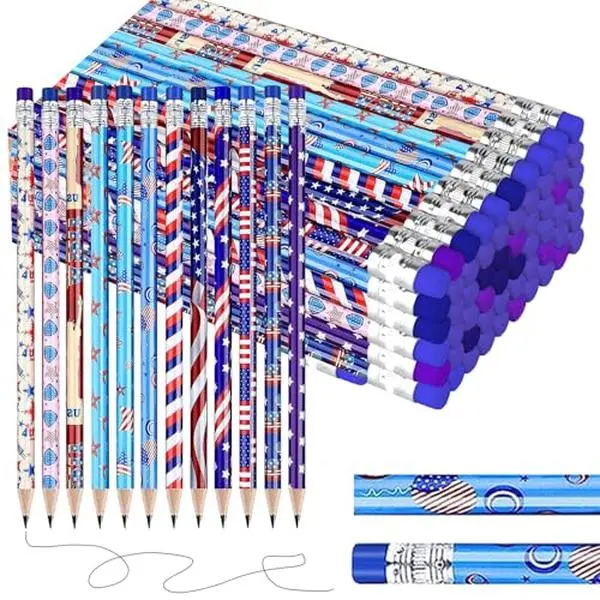American Flag Themed Wood Pencils with Eraser, 48pcs Patriotic Pencils in 12 Designs, USA Flag Gifts Pencil for 4th of July USA Independence Day Parades Party Favors School Office Supplies