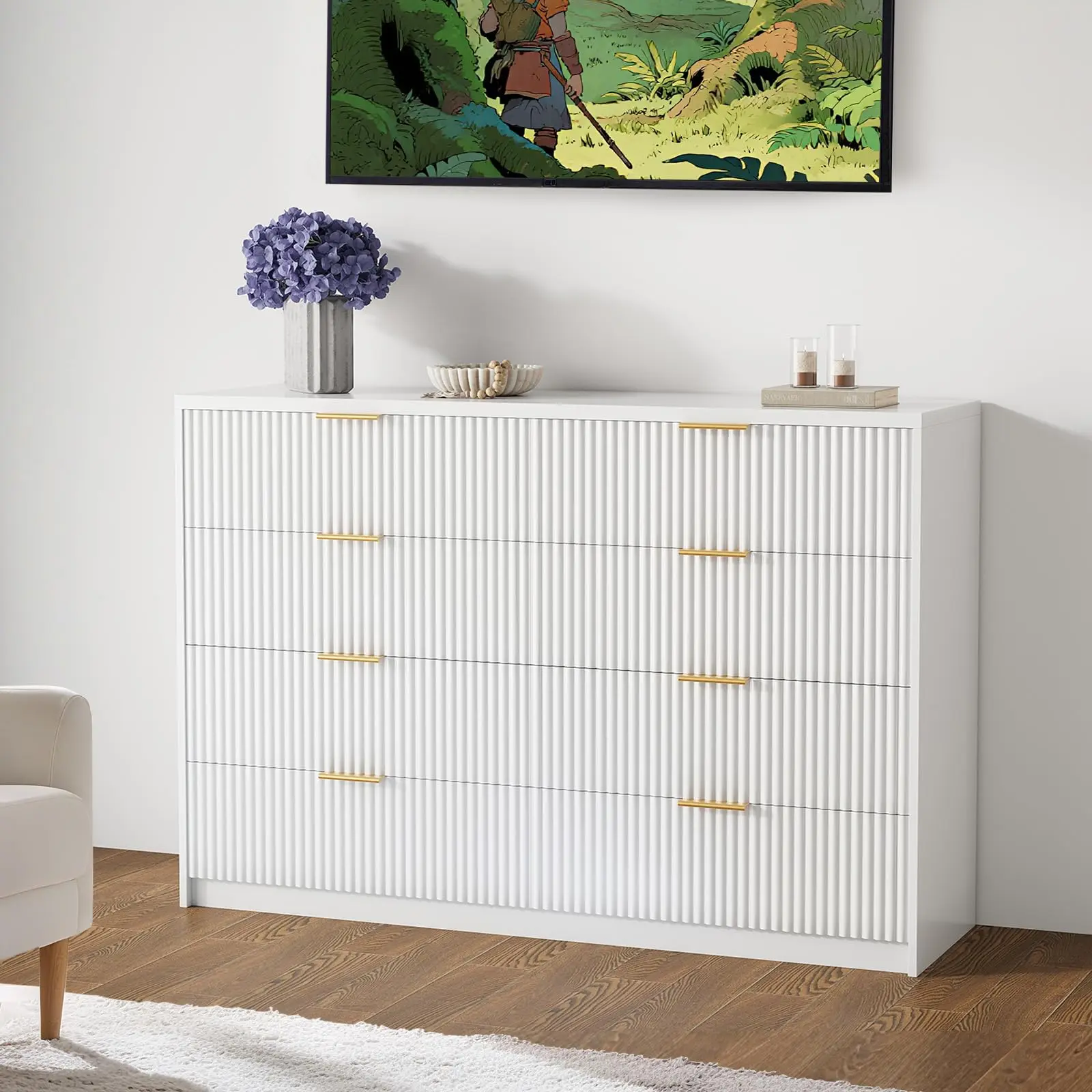 Garvee 8 Drawer Fluted Dresser, 55" Wide Modern Chest of Drawers with Metal Handles, Fluted Wood Large Dresser for Bedroom, Closet, Living Room, and Entryway in White, Drawer Dressers, Cupboards Cabinets Dresser