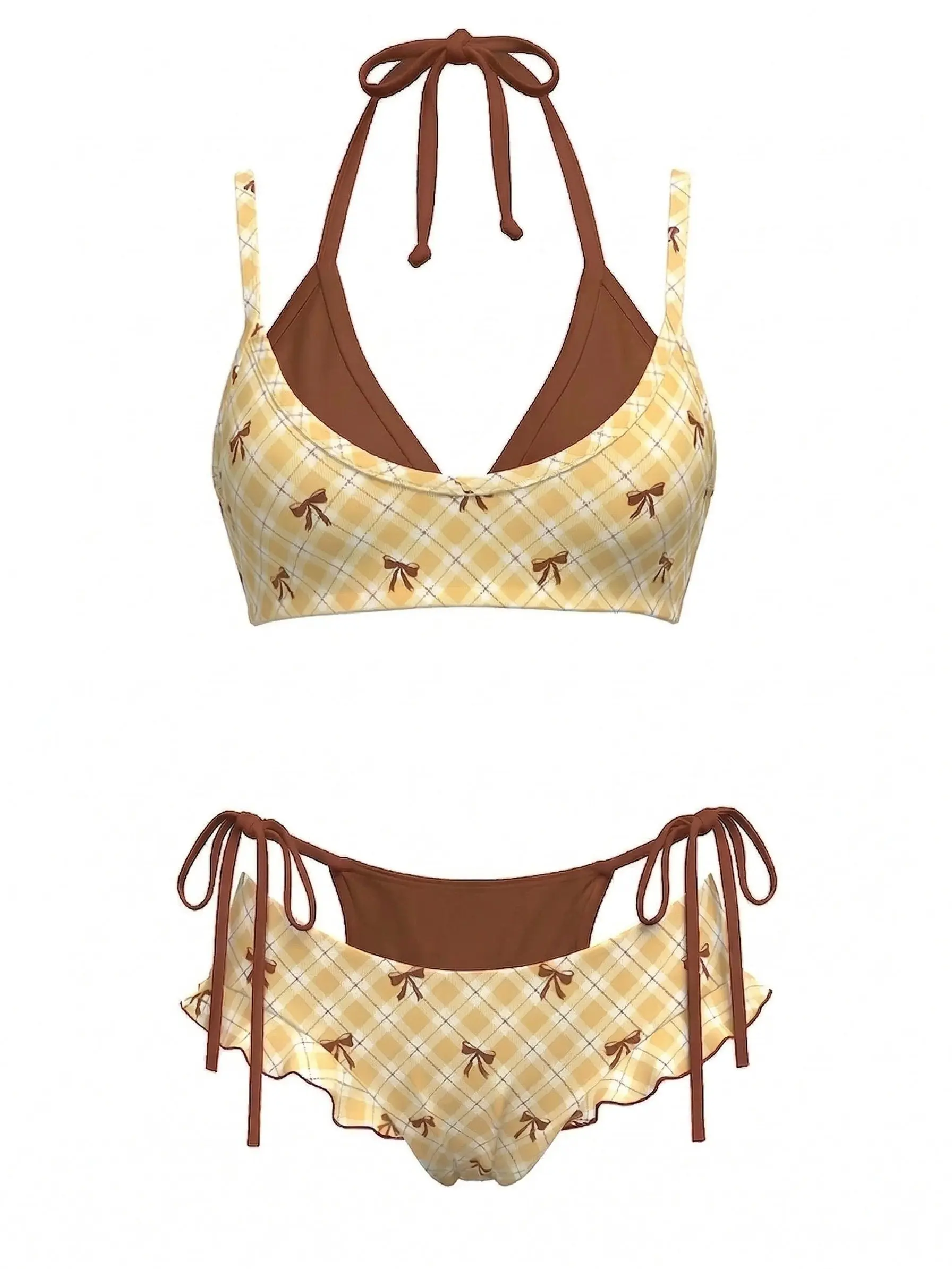 Yellow 1950s Plaid Bow Halter Double Layer Bikini Set,summervibes Stylish Bathing Suit
