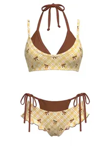 Yellow 1950s Plaid Bow Halter Double Layer Bikini Set,summervibes