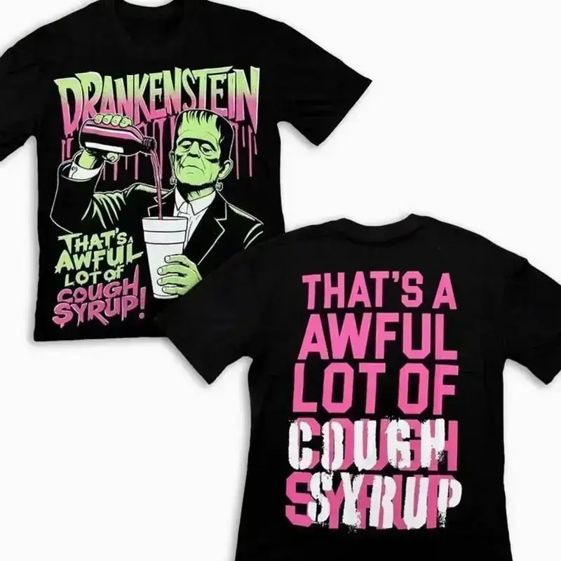 Men's Short-Sleeve Round Neck Drankenstein T-Shirt, Funny Frankenstein Parody Menswear Tee with "Thats an Awful Lot of Cough Syrup" Graphic, Vintage Horror Humor Top, Halloween Party Streetwear,summervibes   good graphic   Tees
