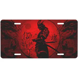 Japanese Samurai Cool Anime Red and Black Dragon Aluminum License Plate Decorative Metal Car Front License Plate with 4 Holes Car Tag 6x12inch