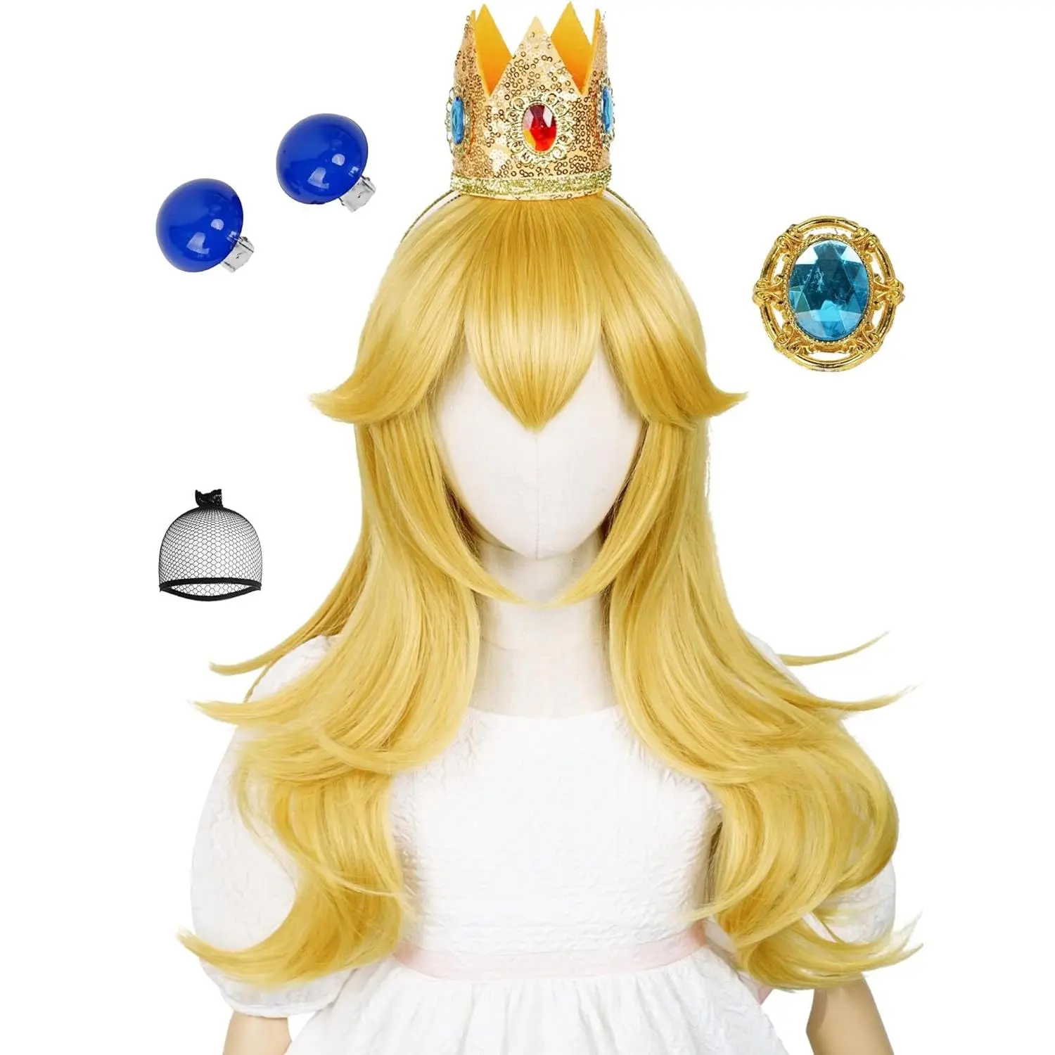 L-HDW008   Kids Long Blonde Curly Princess Wig with Bangs + Crown Headband + Ear Clips + Brooch + Wig Cap 22'' Golden Wave Wigs for Girls Child Toddler Halloween Costumes Party