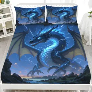 Fitted Sheet 3-Piece Set - 2D Flat Blue Dragon and Lightning Pattern Mattress Cover (1 fitted sheet + 2 pillowcases, no insert), comfortable sheets, skin-friendly and breathable bedding, suitable for family bedrooms and guest rooms, all year round.
