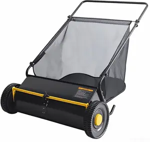 26 Inch Push Lawn Sweeper, Leaf and Grass Collector with 7 Cu.ft Mesh Bag, 4 Spinning PP Brushes, Durable Steel Construction, Adjustable Height & Rubber Tires for Yard Cleanup-Black+Yellow