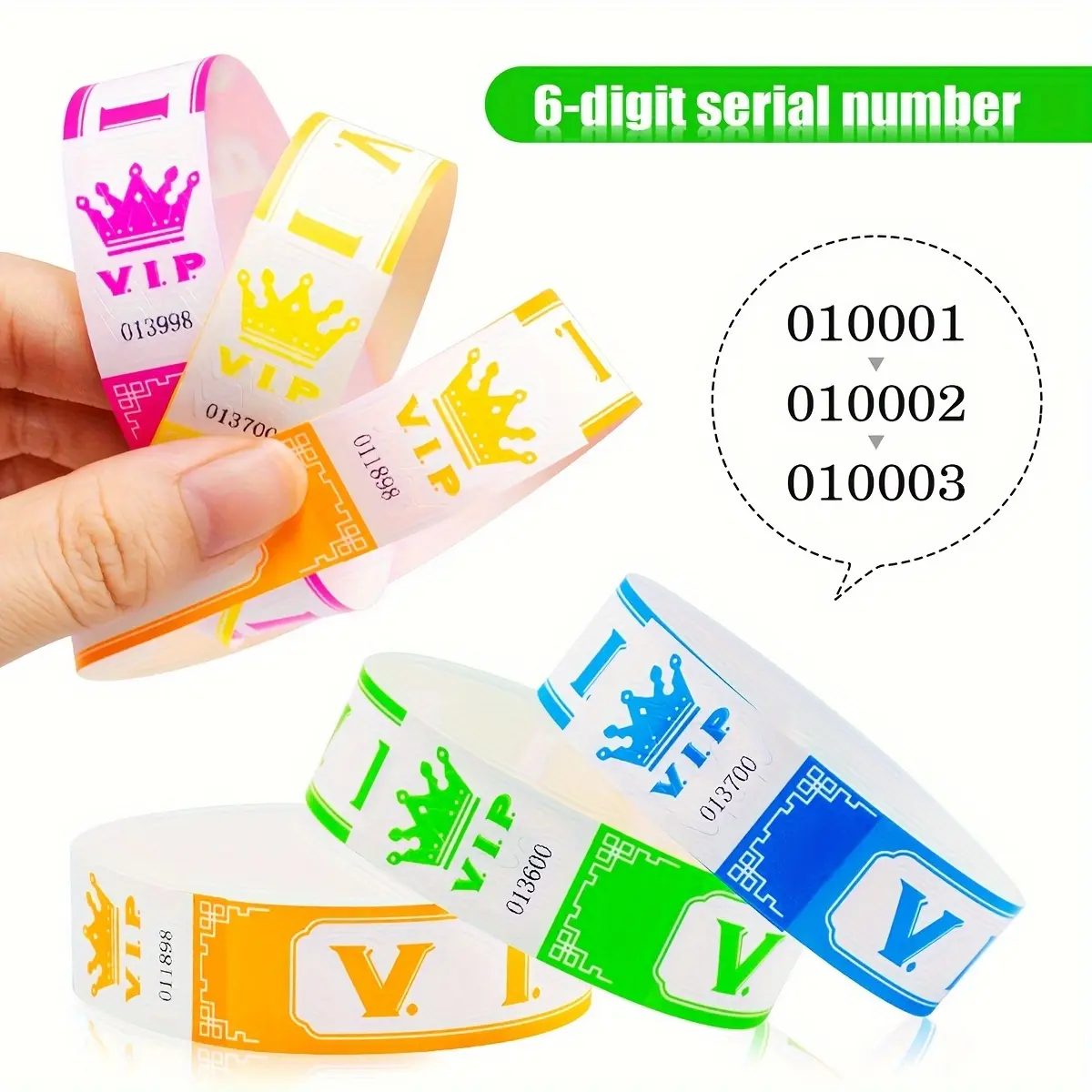 Waterproof Sequential Numbered Event Wristbands, 100/600pcs Neon Color VIP Paper Bracelets Party Pack for Festival Party Accessories Supplies
