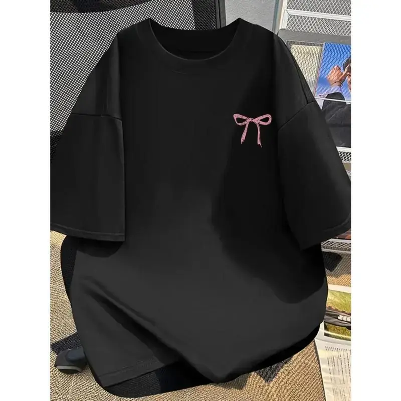 Men's Casual T-Shirt with Pink Bow Graphic, Soft 100% Cotton Loose Fit Short Sleeve Top for Summer Fitness, Tshirt, Menswear, 100% Cotton Soft, Bow Print, Soft Touch