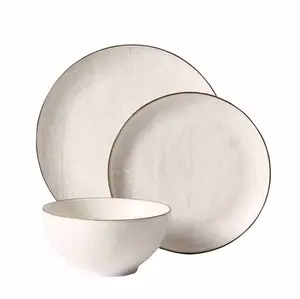 12 Piece Stoneware Dinnerware Set – Cream Plates & Bowls Set with Elegant Textured Design