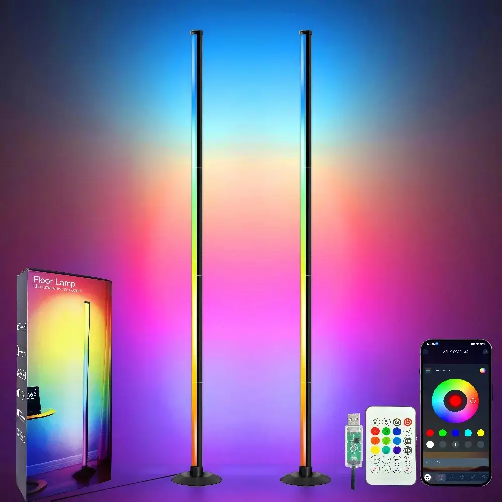 Smart LED Floor Lamp RGBIC Ambient Light, Modern Minimalist Corner Lamp with Remote Control for Bedroom, Gaming Room, Office Decor