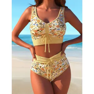 2026 Summer Women's Ditsy Floral Crochet Bikini Swimsuit, V Neck Ruched Drawstring Top with High Waist Bottom, Vintage Yellow Boho Knit Trim Two-Piece Bathing Suit for Beach Vacation Swimwear,Women's Split Swimsuit ,Summer Vibes