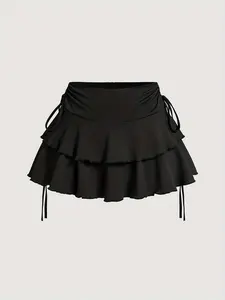 Women's Solid Tiered Layer Ruffle Hem A Line Skirt, Cute Fashion Casual Tie Side Short Skirt for Daily Outdoor Wear, Ladies Bottoms for Summer, Stretch Skirt