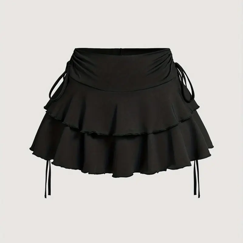 Women's Solid Tiered Layer Ruffle Hem A Line Skirt, Cute Fashion Casual Tie Side Short Skirt for Daily Outdoor Wear, Ladies Bottoms for Summer