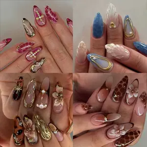 96pcs Medium Almond Press-On Nails Set, Handmade Nails, Glittering Fake Nails, Glossy Acrylic Tips with 3D Gel Petals, Pearl Design, Storage Box Included, for Women & Girls, DIY Nail Art