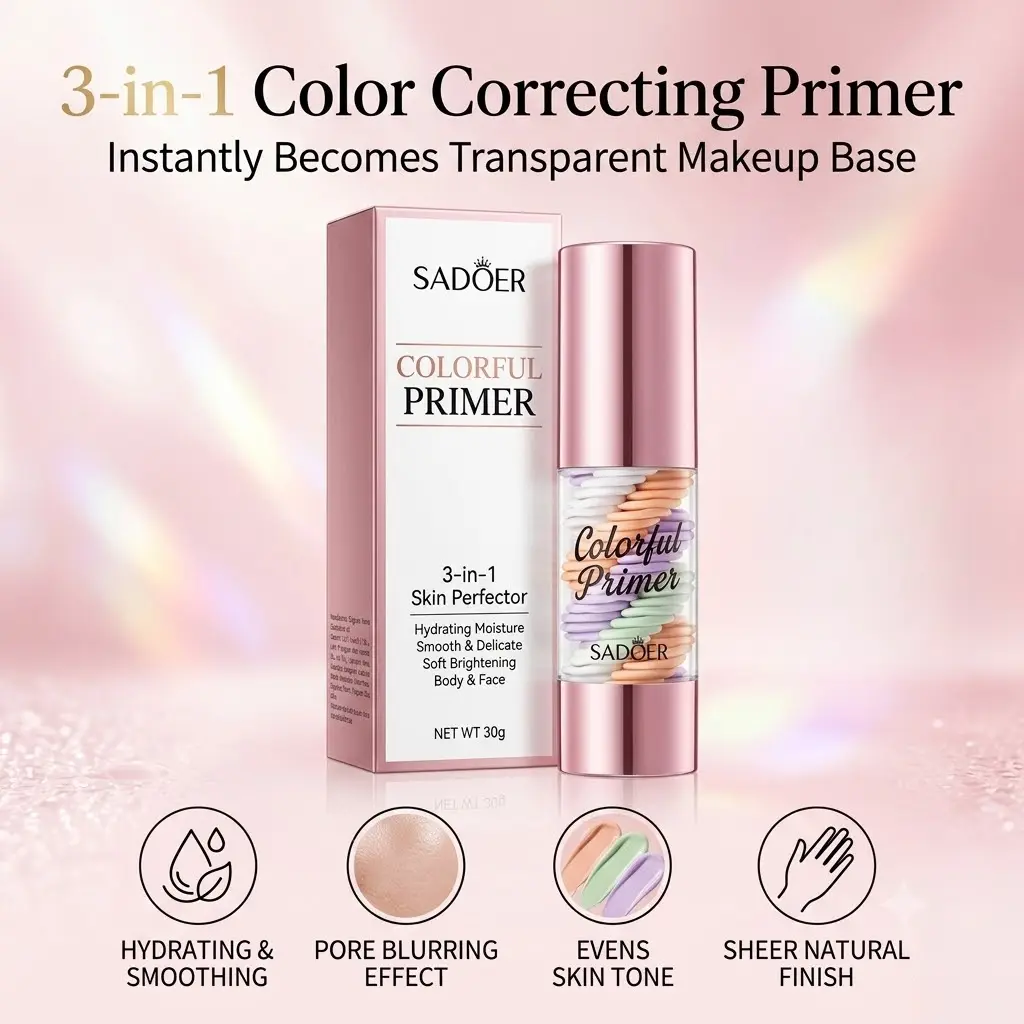 3-In-1 Cosmetic Face Primer, Transparent Makeup Base with Hydrating, Smoothing, Skin Tone-Evening, Blurring Effects & Sheer Natural Finish