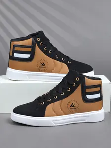 Men's High-Top Casual Walking Shoes, Vintage Classic Military Sports Sneakers, PU Leather Upper Lace-Up, Thick Sole, Breathable Material Comfort