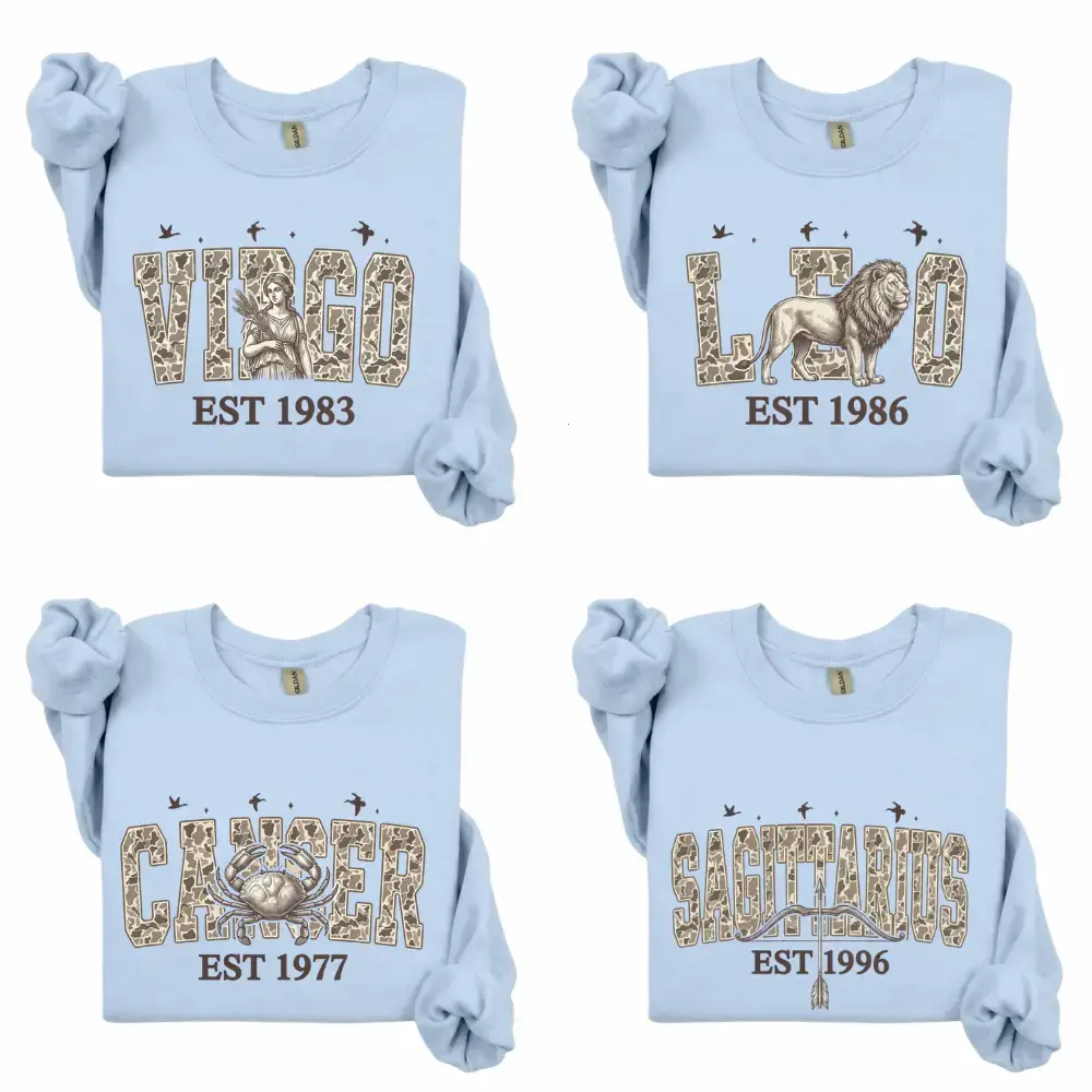 (Leave Add Note or DM Our Shop) Custom Camo Zodiac Sweatshirt with Est Year, LIGHT BLUE Personalized Horoscope Astrology Crewneck Sweatshirt, Vintage Realtree Camo Star Sign Birthday Gift, Unisex Crewneck Baggy Cotton