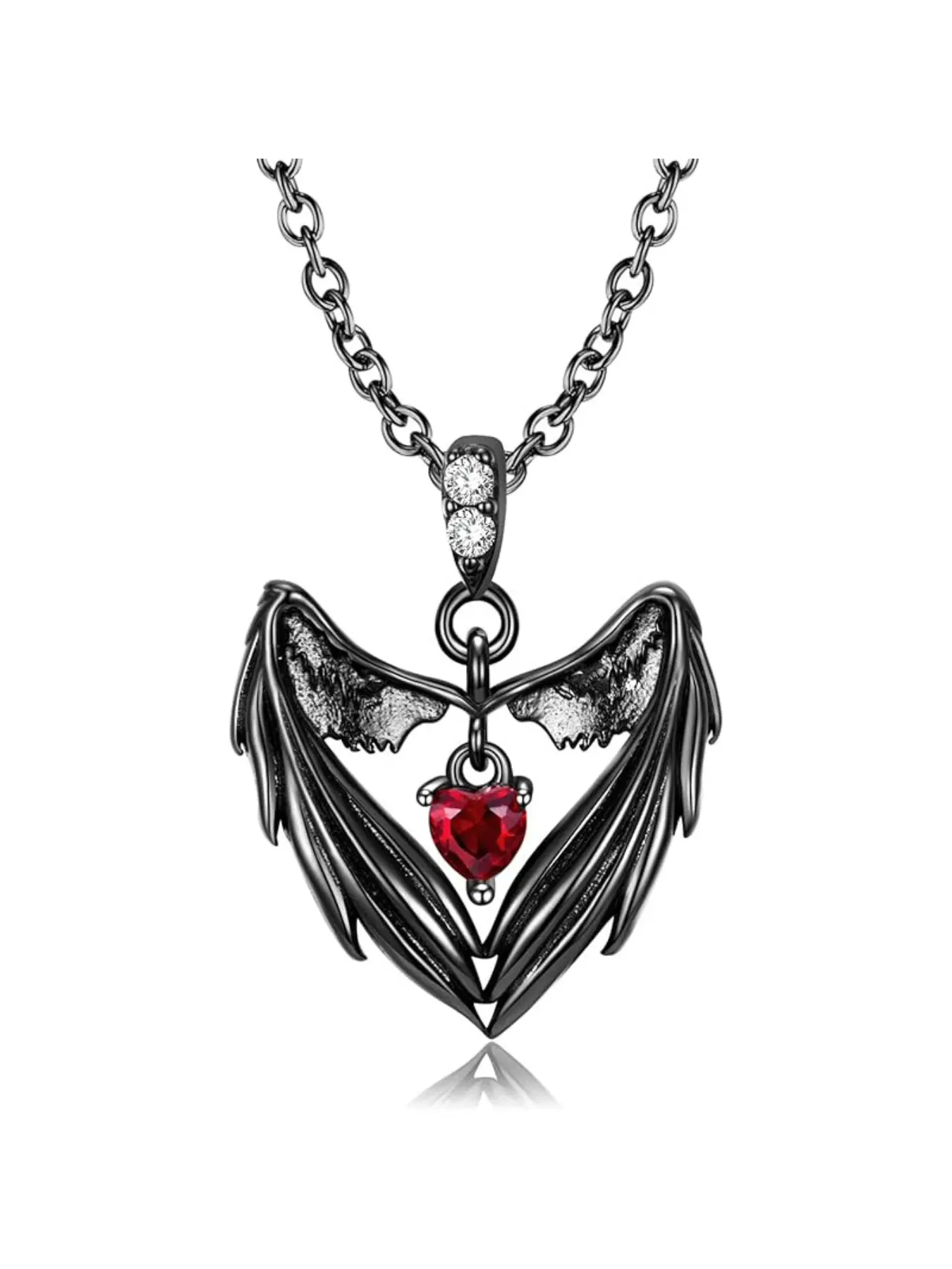 Black Gunmetal Angel Wing Heart Shaped Pendant Necklace, Pendants Jewelry, Gothic Edgy Style Jewelry with Red Crystal & Paved Wing Detail, for Women & Men, Daily & Party Occasions, Heart Design Necklace, Angel Wings Pendant