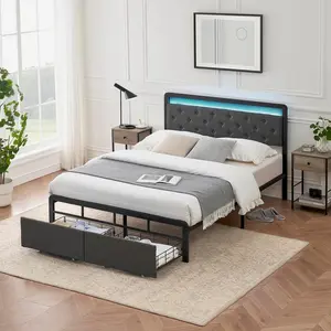 Gray Queen Size Upholstered Platform Bedframe - Linen Fabric, Button-Tufted Headboard, LED Lighting, 2 Storage Drawers, Heavy-Duty Metal Slat Supports, Indoor Furniture