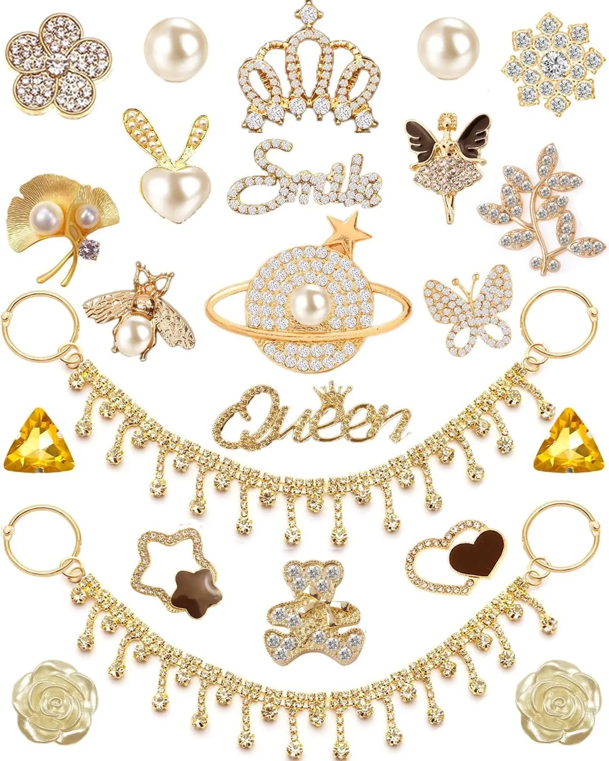 24Pcs Designer Bling Shoe Charms with Pearl Chain - Luxury Rhinestone Gems Accessories Set for Women Girls Sandals & Clogs
