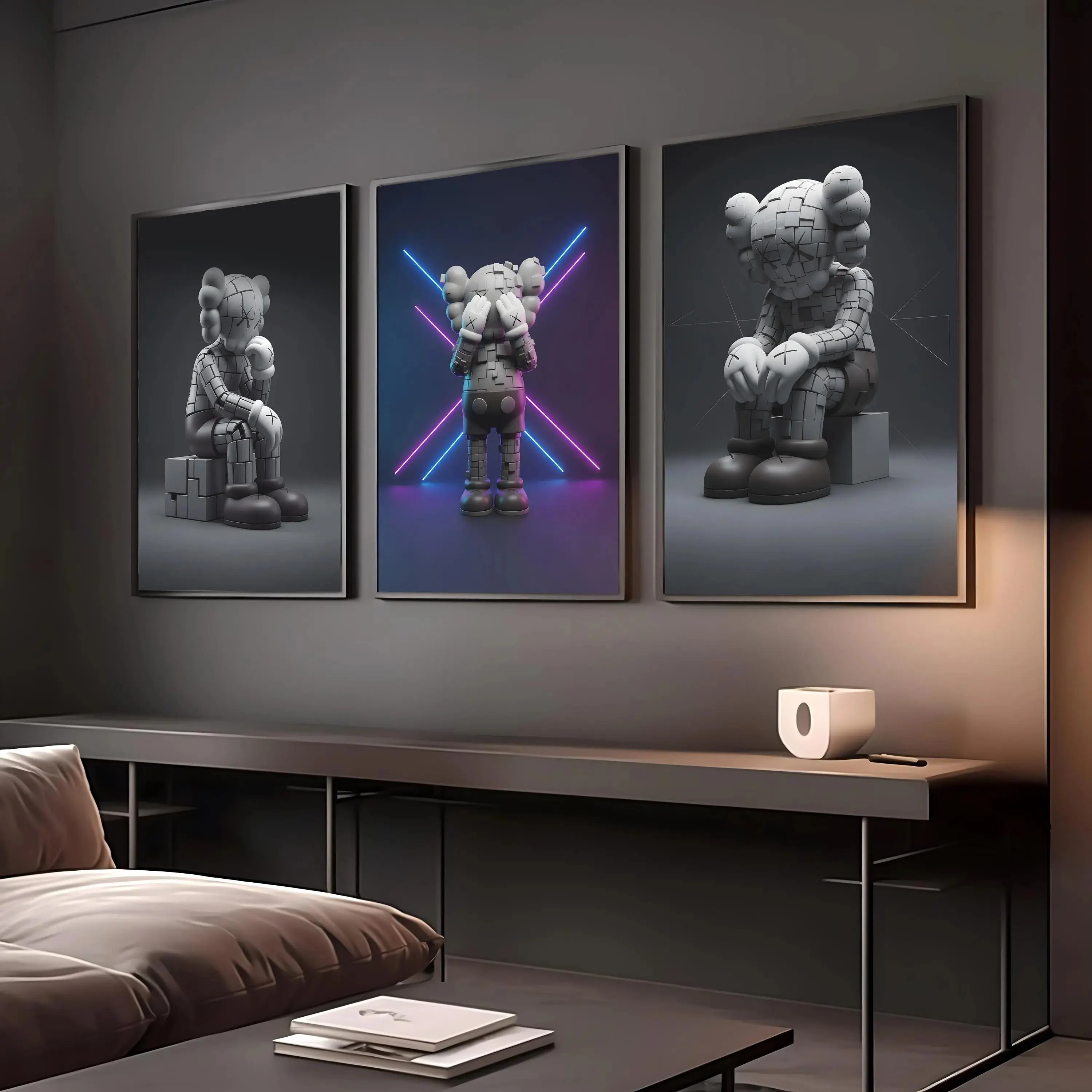 KAWS Figure Wall Art Set of 3, Dark Urban Hypebeast Posters, Modern Collectible Prints for Home Decor