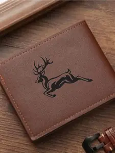 Men's Running Deer Print Leather Wallet, Tribal Buck Silhouette Two-Fold Purse, Deer Pattern PU Card Holder