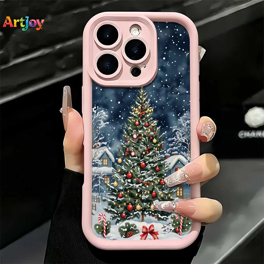 Shockproof Smartphone Case - Festive Christmas Winter Handheld Cellphone Protection Cover with Decorated Christmas Tree, Snowy Cabin, Candy Cane Illustrations, Pink Frame for iPhone 17 Pro Max,16,16 Plus,15,14,13,12 - Ideal Holiday Gift for Mobile Devices