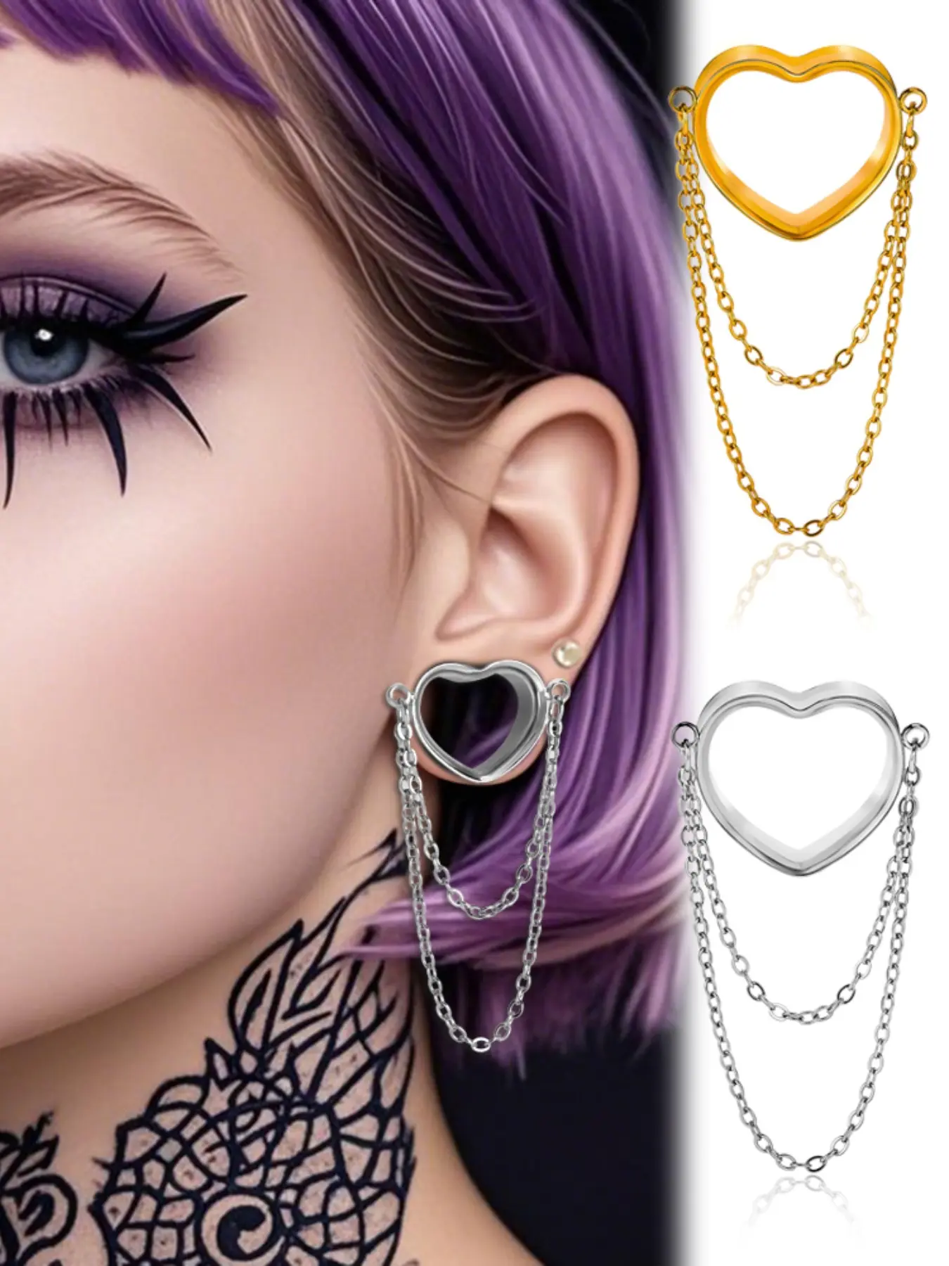 vanku 2pcs Women's 316L Stainless Steel Heart Chain Ear Gauges, Tunnels Plugs & Piercing Jewelry Expanders, Heart Shape Earrings, Elegant Design for Stylish Look