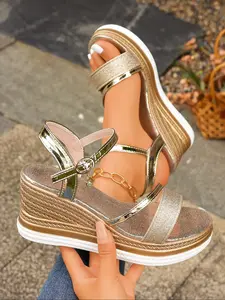 Women's Fashionable Glittering Platform Casual Trendy Sandals, Casual Comfortable Golden Wedge Sandals for Summer, Trending Shoes, Chic Summer Footwear, Glitter Decorated Sandals, Pu Leather Sandals