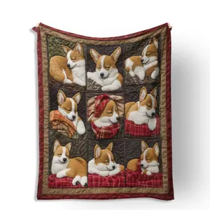 Adorable Corgi Quilted Blanket, Cozy Pet-Themed Warm Throw, Vintage Patchwork Craft Dog Lover Home Decor Rug, Perfect Gift for Christmas