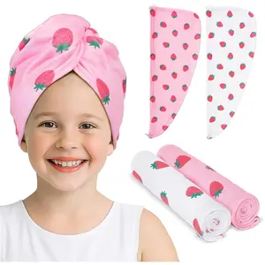 Microfiber Hair Towel for Kids 2 Pack - Absorbent Hair Drying Wrap, Hair Turbans for Curly Thick Hair, Pink White Strawberry
