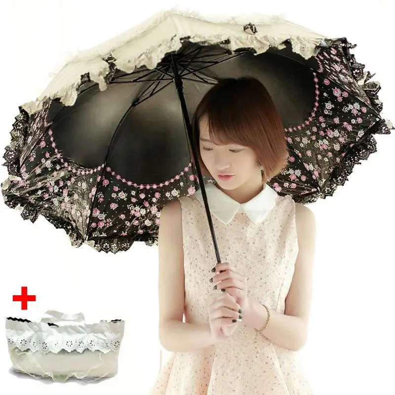 Fashion Lace Women Travel Anti UV Sun Parasol Three Folding Wind Resistance Princess Wedding Umbrella Vintage Lolita Sunshades