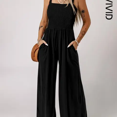 Women's Plain Backless Shirred Wide Leg Cami Jumpsuit, Casual Pocket Square Neck Overall Jumpsuit, Ladies Clothes for Daily Wear, Casual Sleeveless Jumpsuit