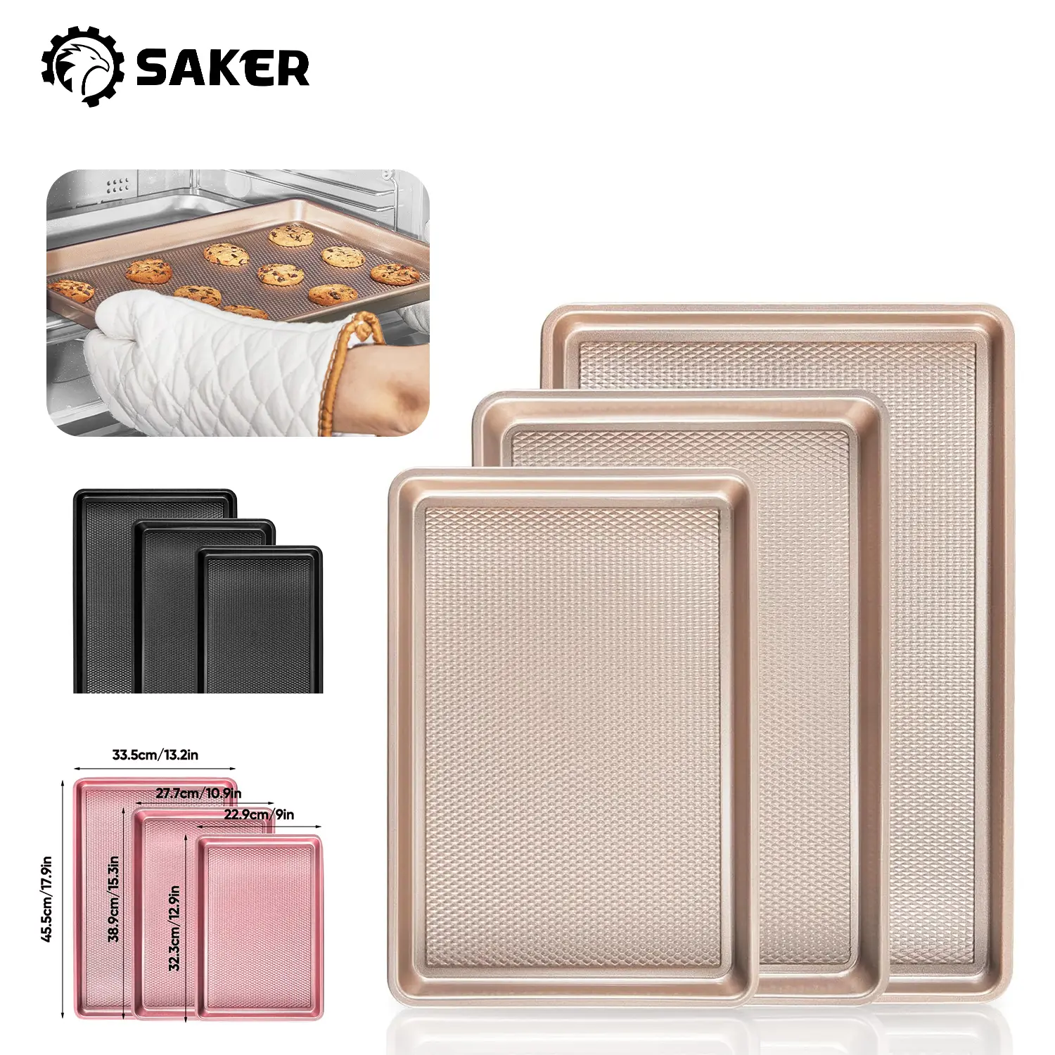 Saker 3-Piece Baking Sheet Set Commercial Nonstick Cookie Sheets Half Quarter Jelly Roll Pans Heavy Duty Easy Clean for Toaster Oven