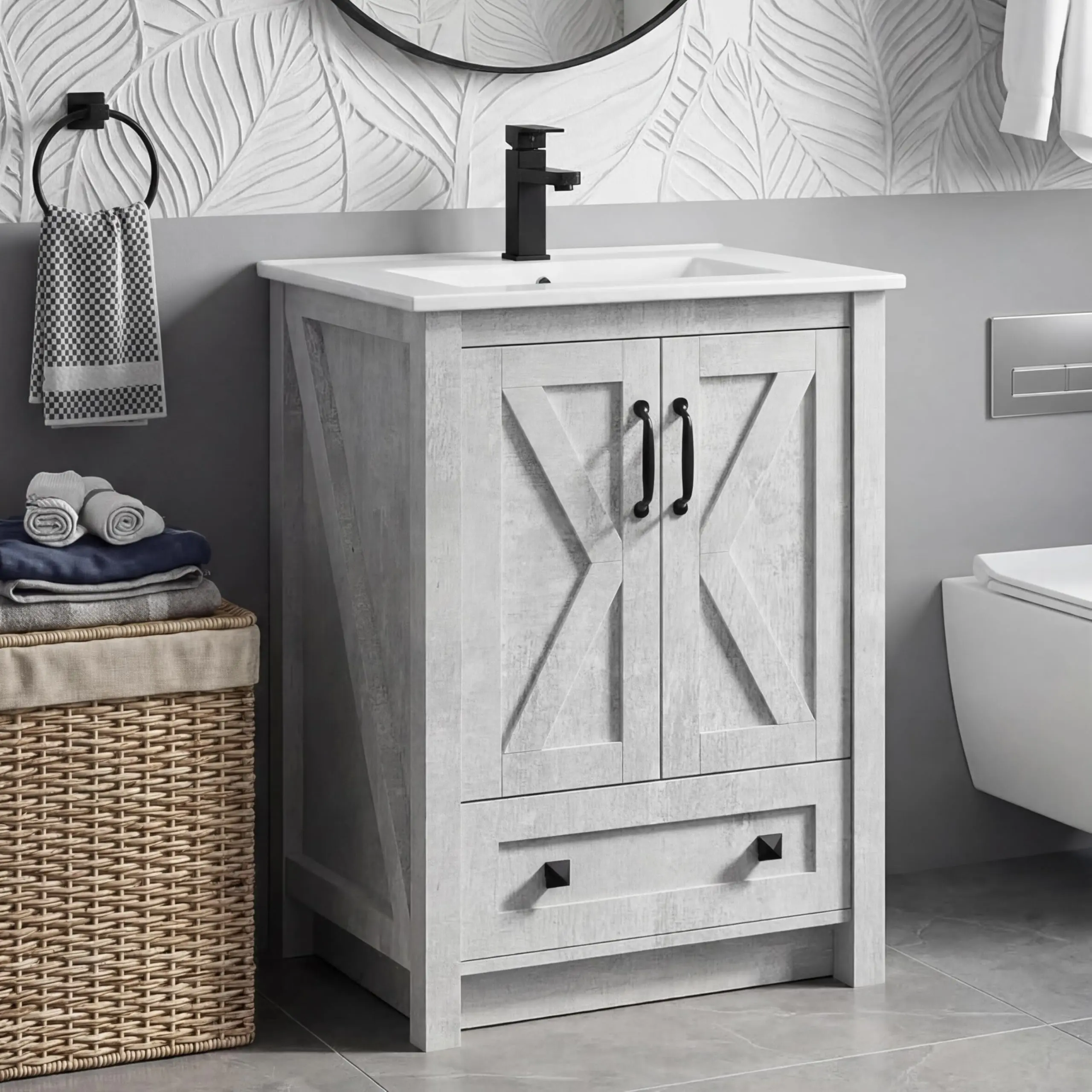 Sleek Modern Bathroom Vanity with Ceramic Basin - Waterproof Freestanding Cabinet, 2 Doors & Drawer - Easy Assembly, Pre-Drilled Holes - 30 Inches